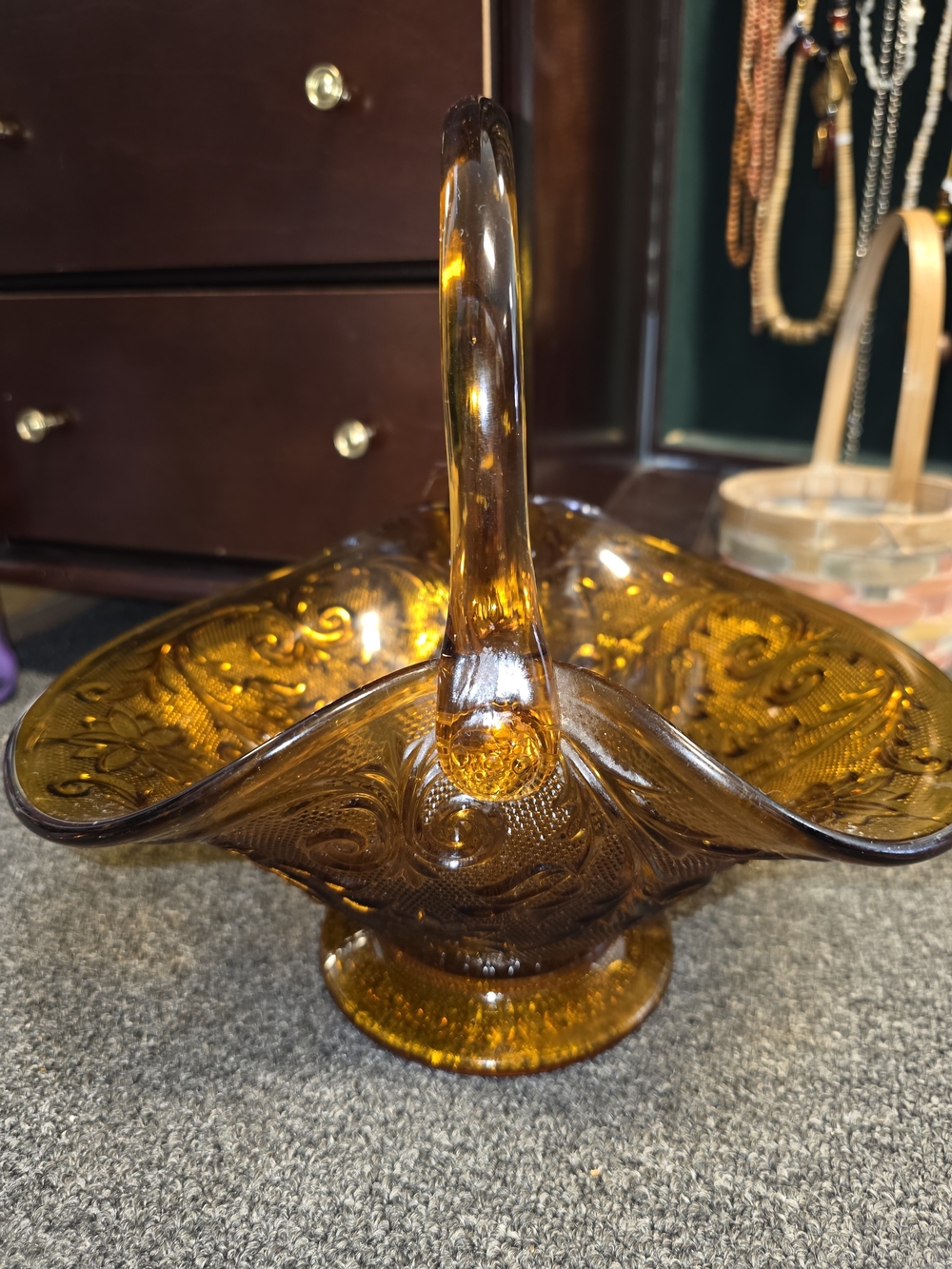 Indiana Glass Tiara Amber Glass Sandwich Handled Basket